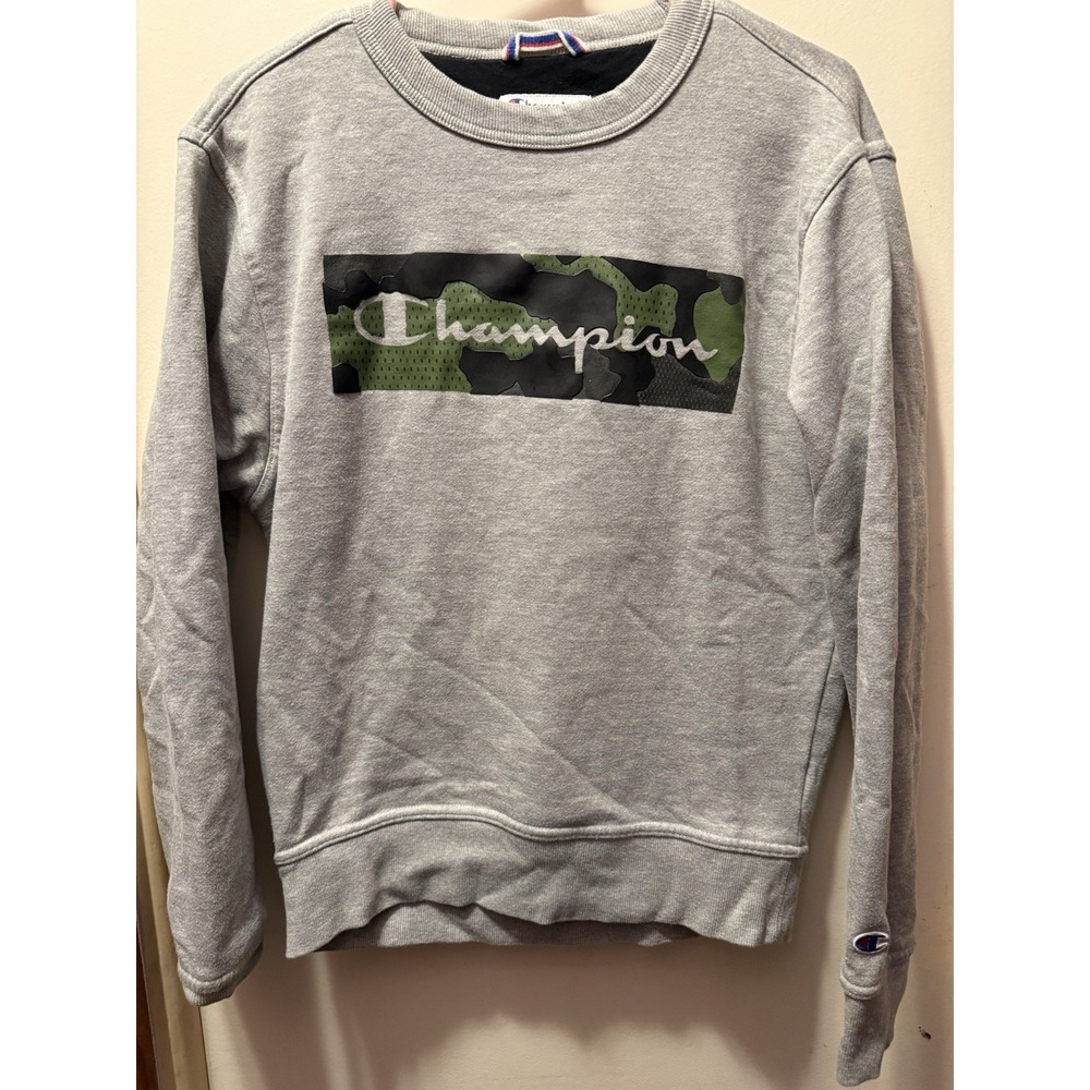 Champion Men's Small Sweatshirt Heather Gray Camo Logo Pullover Casual Active - Picture 5 of 11